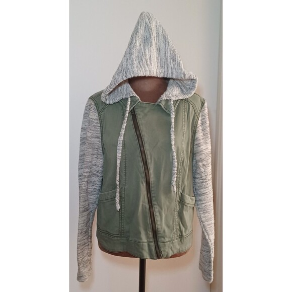 Mossimo Supply Co Large Women Green Utility Military Jacket Hoodie‎ Knit Sleeves - Picture 2 of 12